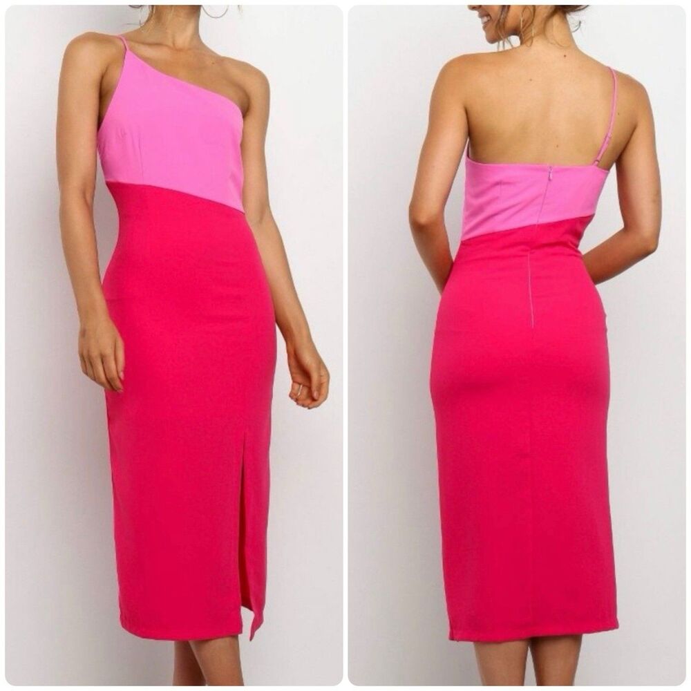 NWT Petal & Pup Xiomar Hot Pink Colorblock One Shoulder Midi Cocktail Dress sz 8